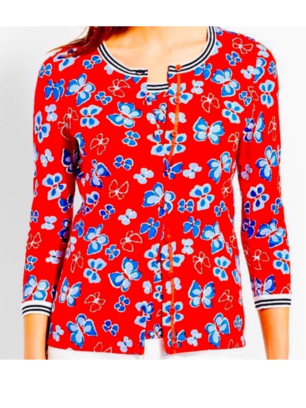 Talbots Red White Blue Butterflies Buttoned‎ 3/4 Sleeve Cardigan Large Petite